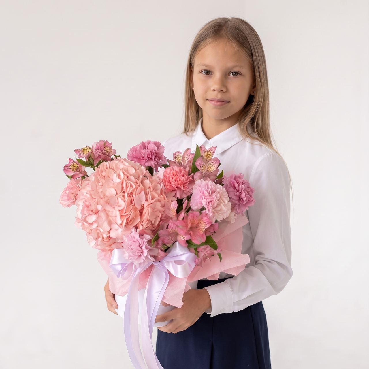 Композиция с гортензией, диантусами и альстромерией